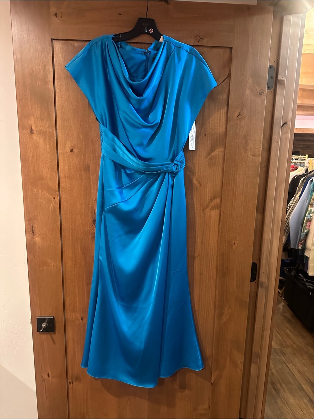 Theia Vibrant Teal Satin Cowl Midi Dress